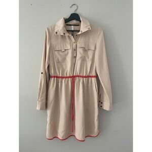 Kensie Beige Utility Shirt Dress Red Drawstring Waist Contrast Trim Size S